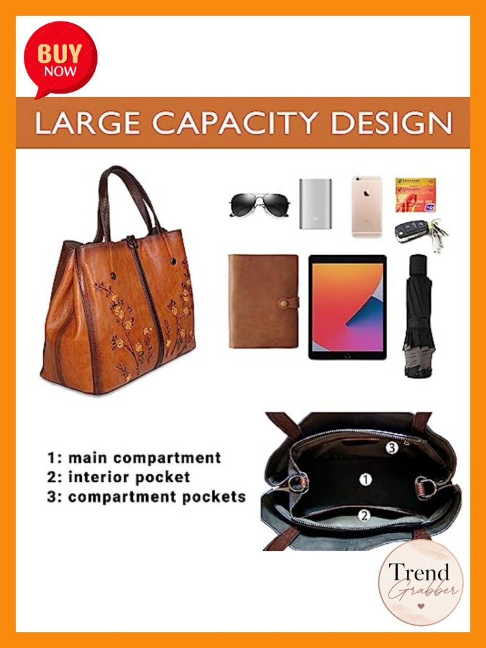 Genuine Leather Embossed Satchel Crossbody Handbag with Top Handle - Picture 5 of 6